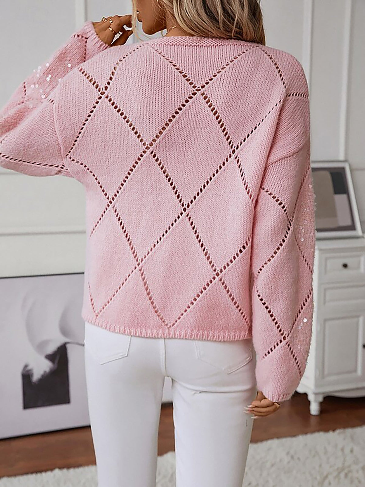 Women's Knit Sweater Long Sleeve Round Neck Diamond Pattern Sequin Detail