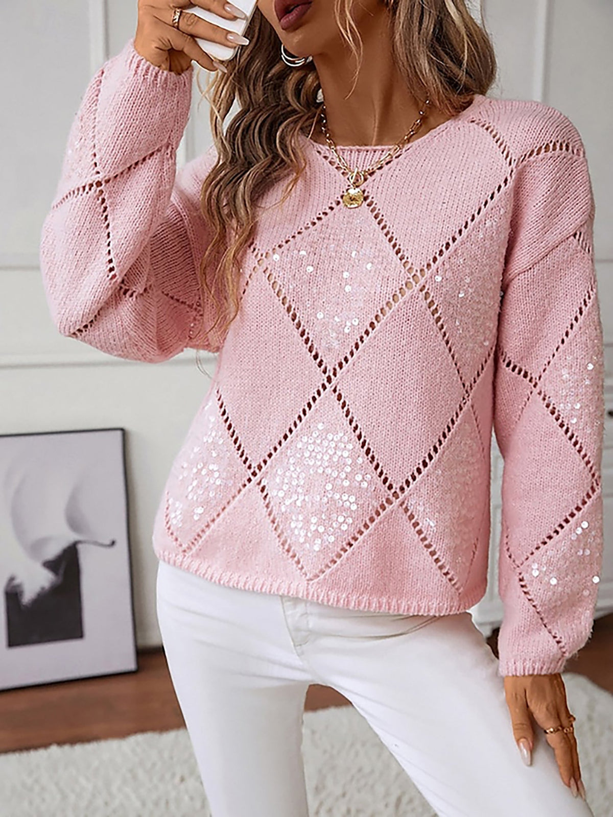 Women's Knit Sweater Long Sleeve Round Neck Diamond Pattern Sequin Detail