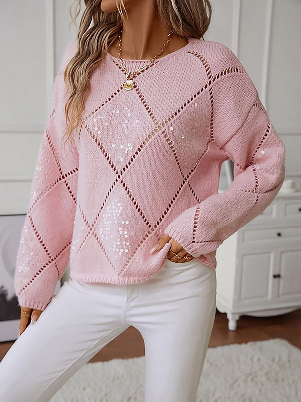 Women's Knit Sweater Long Sleeve Round Neck Diamond Pattern Sequin Detail