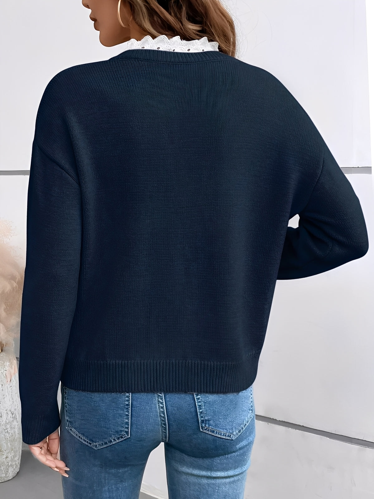 Women's Knit Sweater V-Neckline Lace Trim Detail Relaxed Fit Casual Everyday