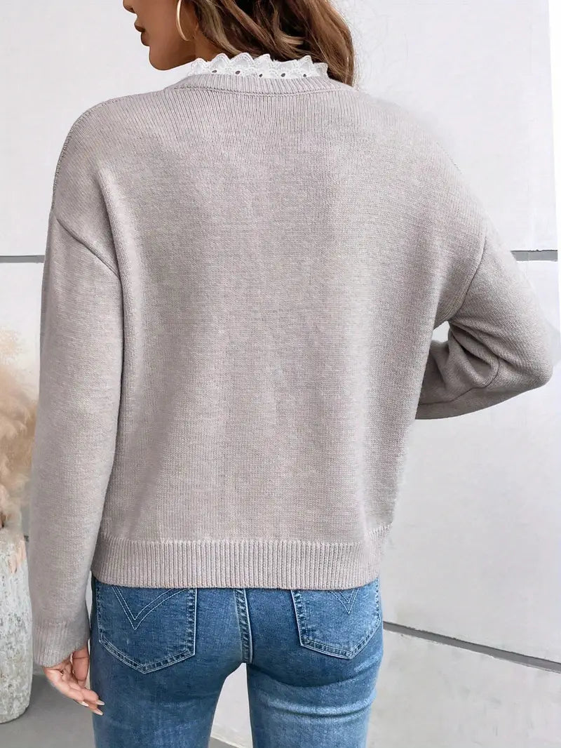 Women's Knit Sweater V-Neckline Lace Trim Detail Relaxed Fit Casual Everyday