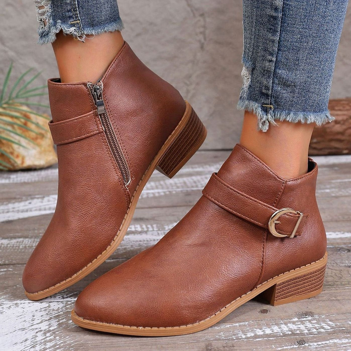 Women's Ankle Boots Buckle Strap Block Heel Stylish Casual Everyday