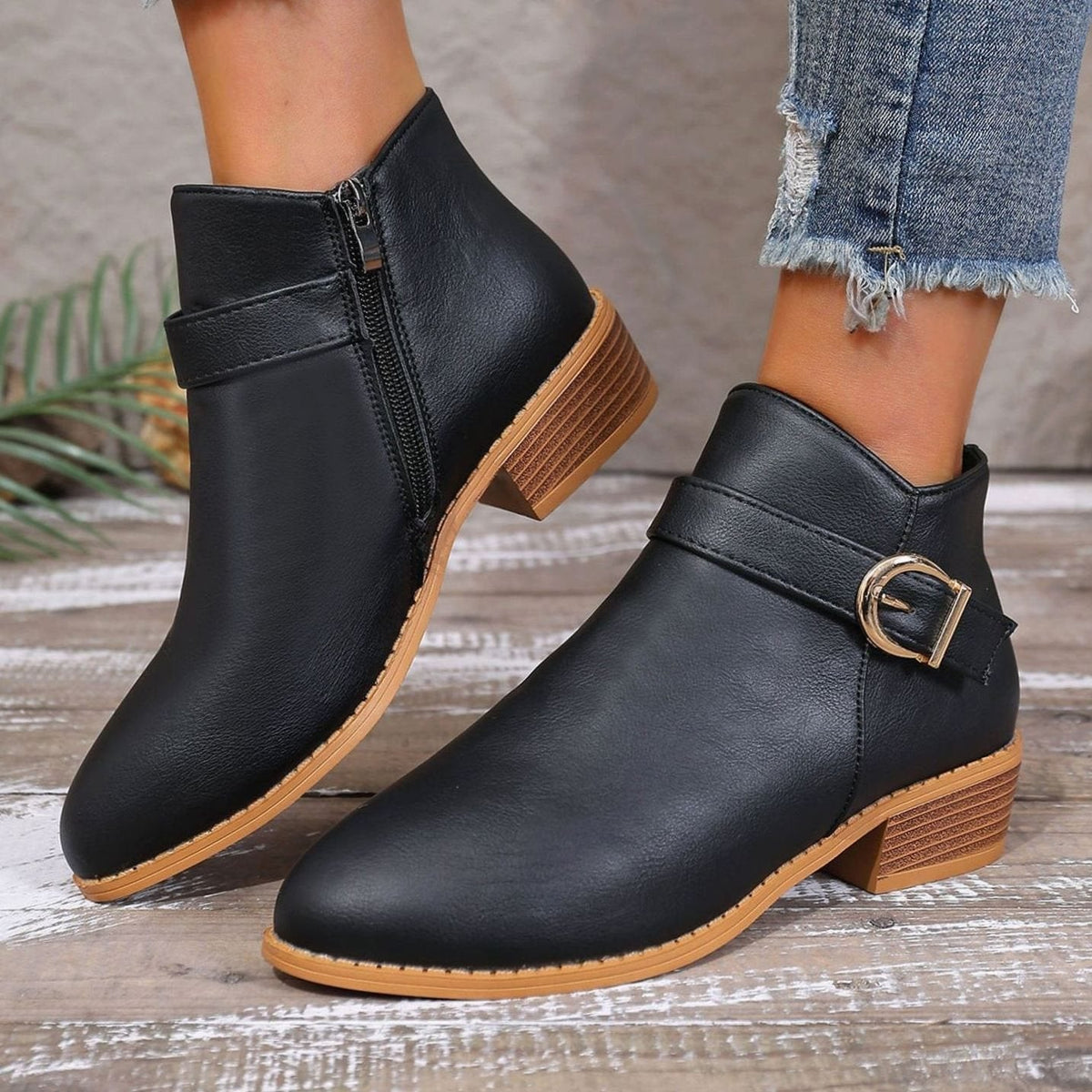 Women's Ankle Boots Buckle Strap Block Heel Stylish Casual Everyday