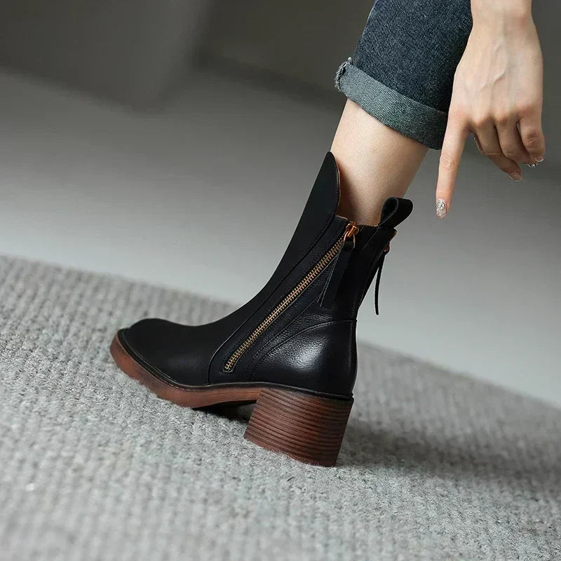 Women's Stylish Ankle Boots Front Zip Block Heel Trendy Everyday Wear