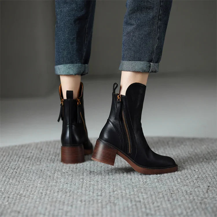 Women's Stylish Ankle Boots Front Zip Block Heel Trendy Everyday Wear