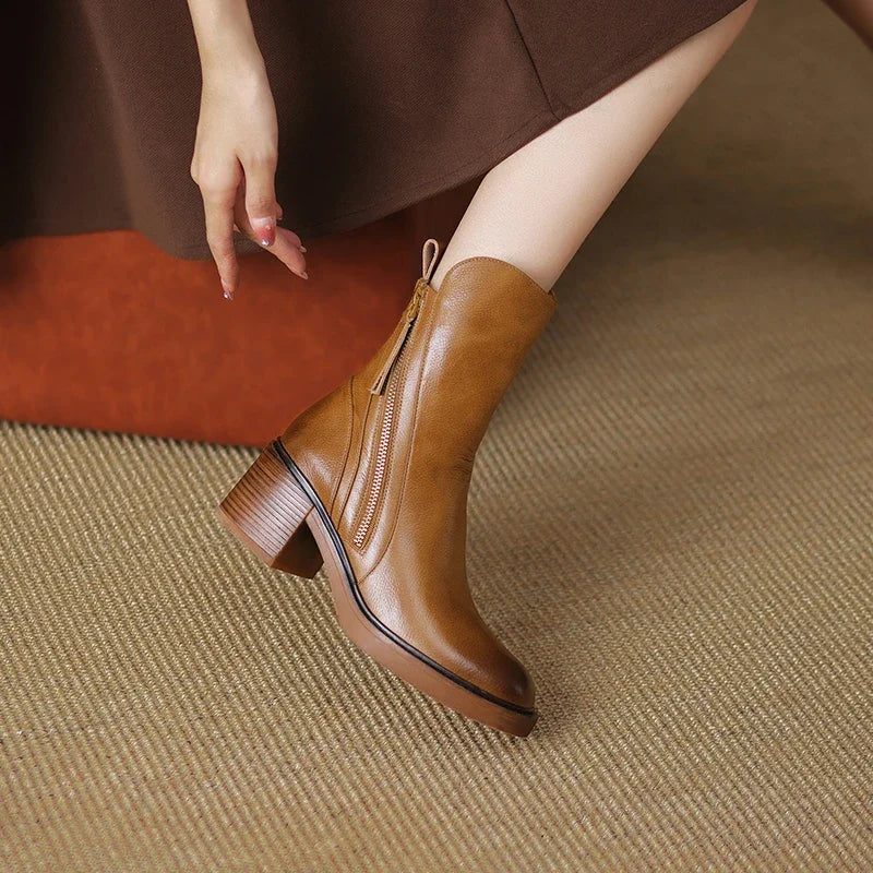 Women's Stylish Ankle Boots Front Zip Block Heel Trendy Everyday Wear