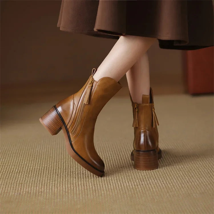 Women's Stylish Ankle Boots Front Zip Block Heel Trendy Everyday Wear