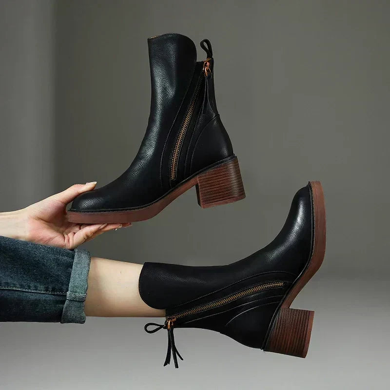 Women's Stylish Ankle Boots Front Zip Block Heel Trendy Everyday Wear