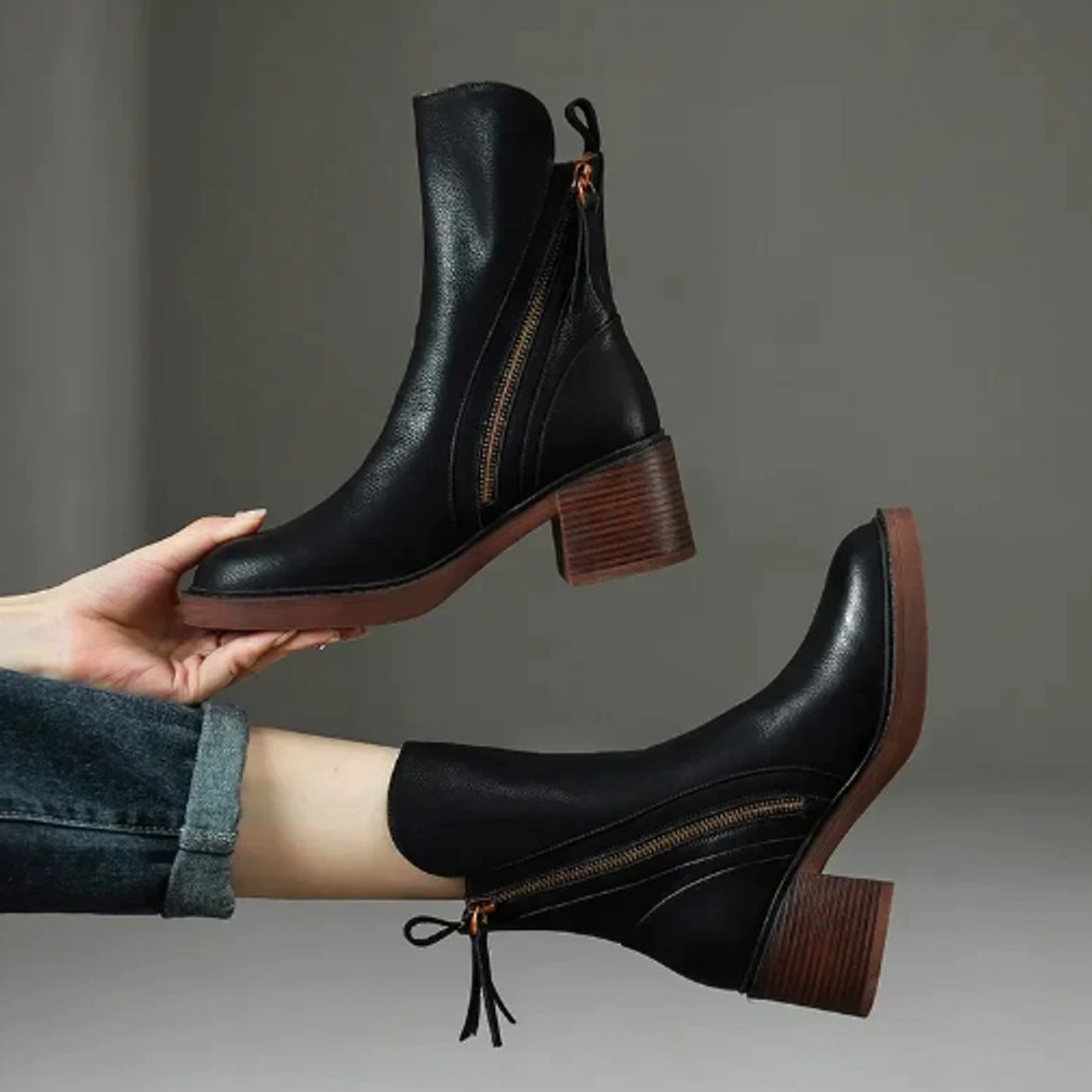 Women's Heeled Ankle Boots Block Heel Side Zip Stylish Everyday Footwear