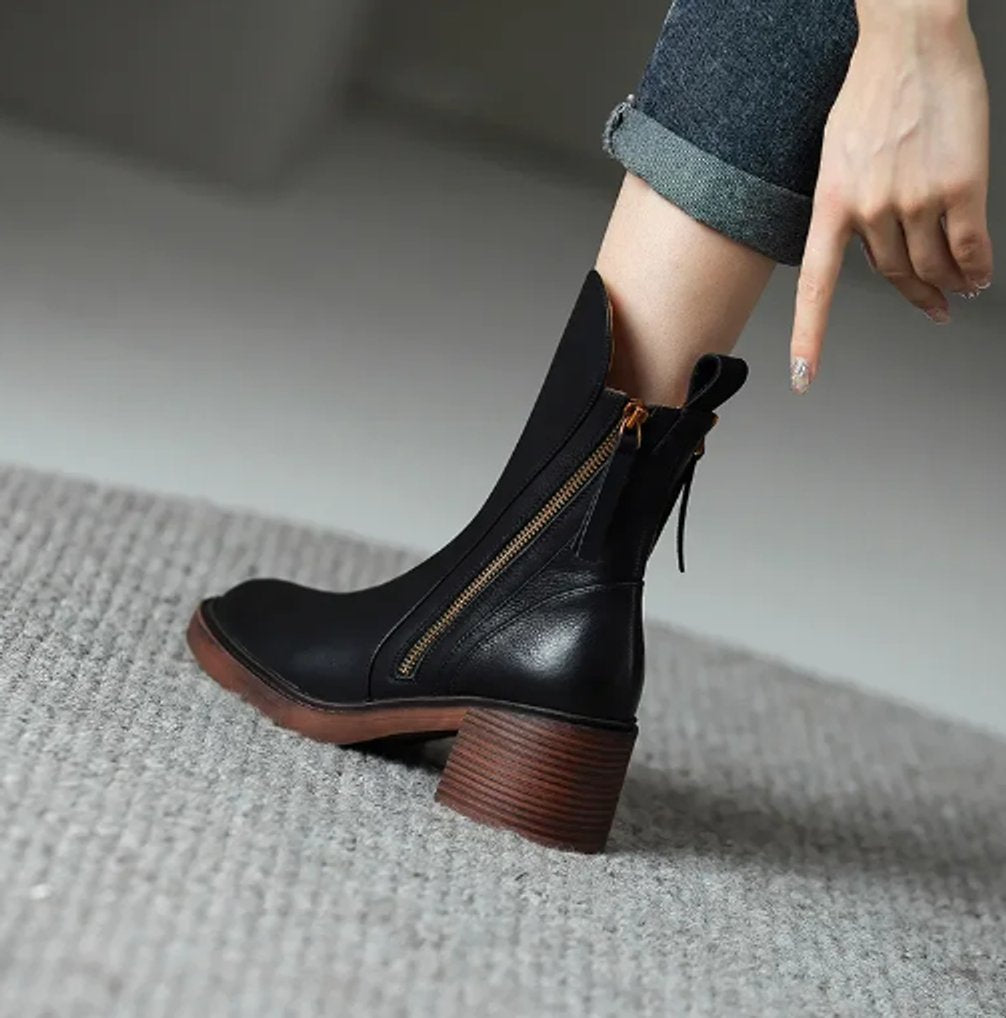 Women's Heeled Ankle Boots Block Heel Side Zip Stylish Everyday Footwear