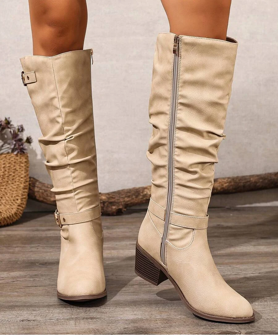 Women's Knee High Boots Double Buckle Block Heel Stylish Everyday Wear