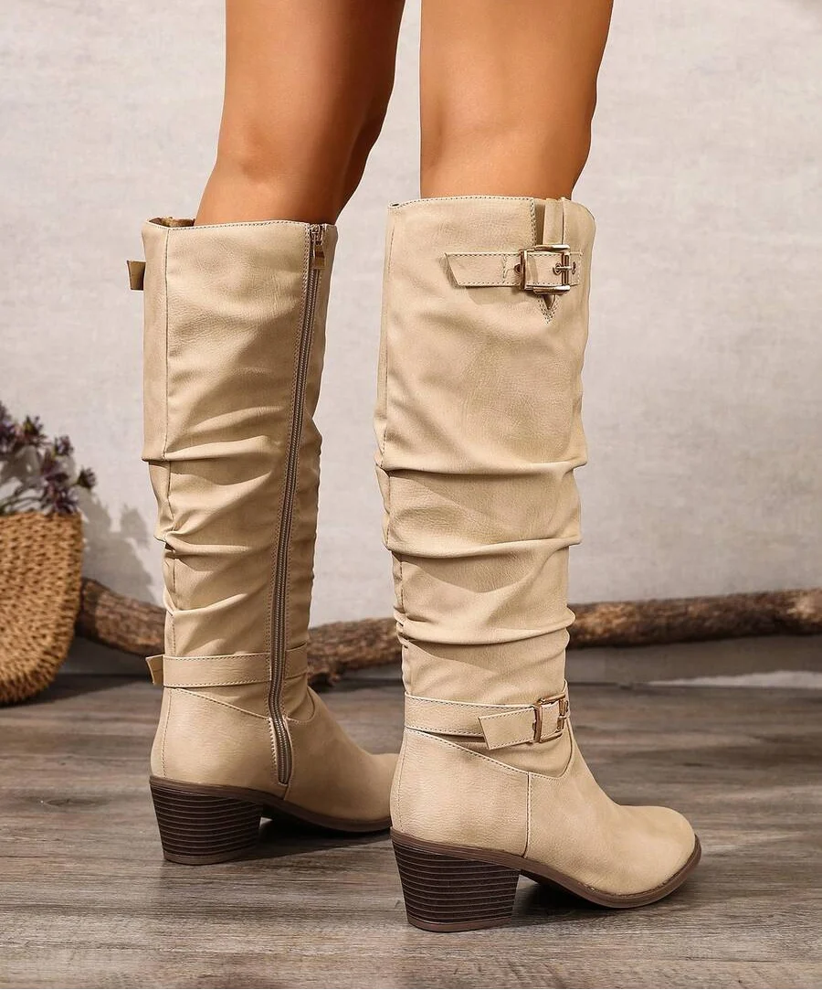 Women's Knee High Boots Double Buckle Block Heel Stylish Everyday Wear