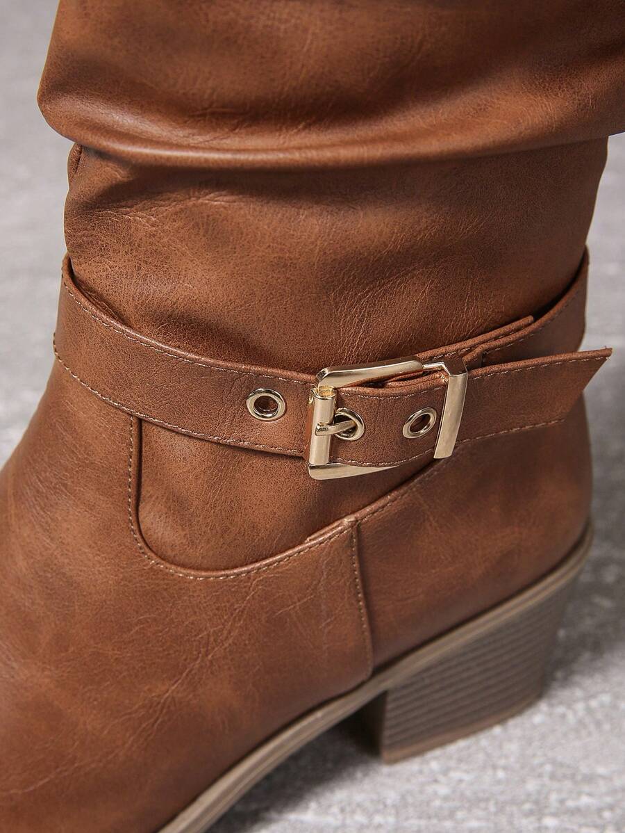 Women's Knee High Boots Double Buckle Block Heel Stylish Everyday Wear