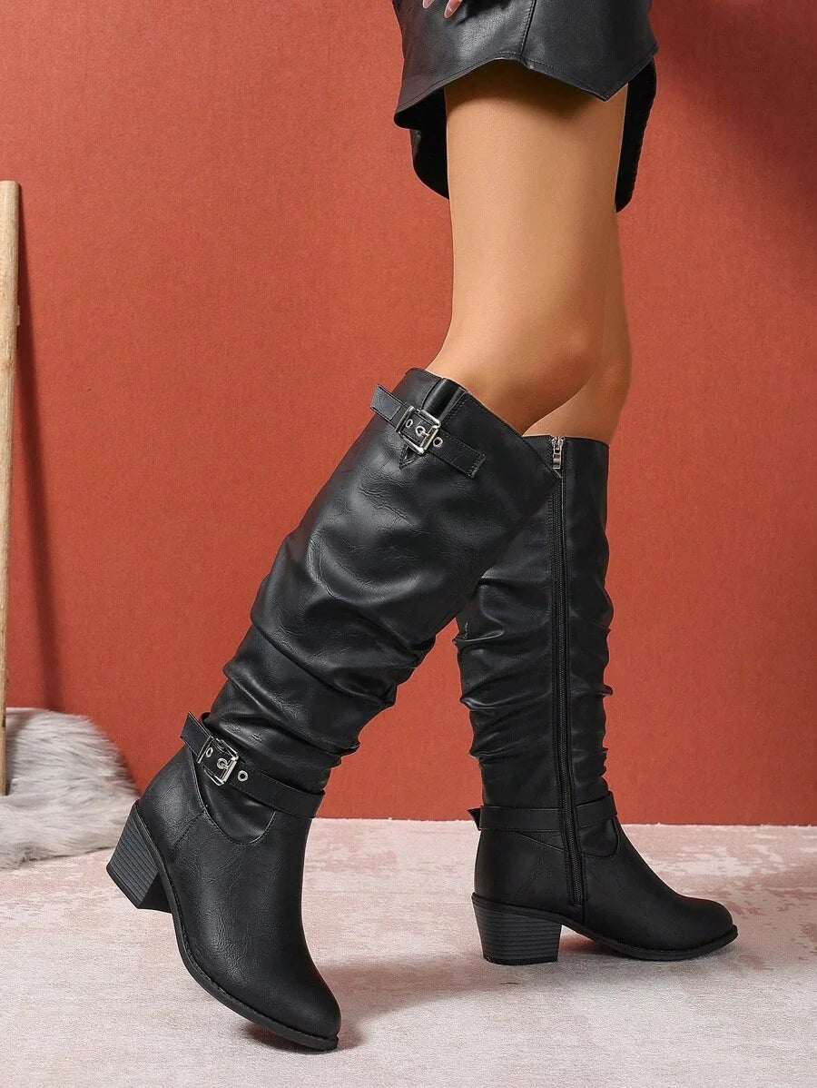 Women's Knee High Boots Double Buckle Block Heel Stylish Everyday Wear
