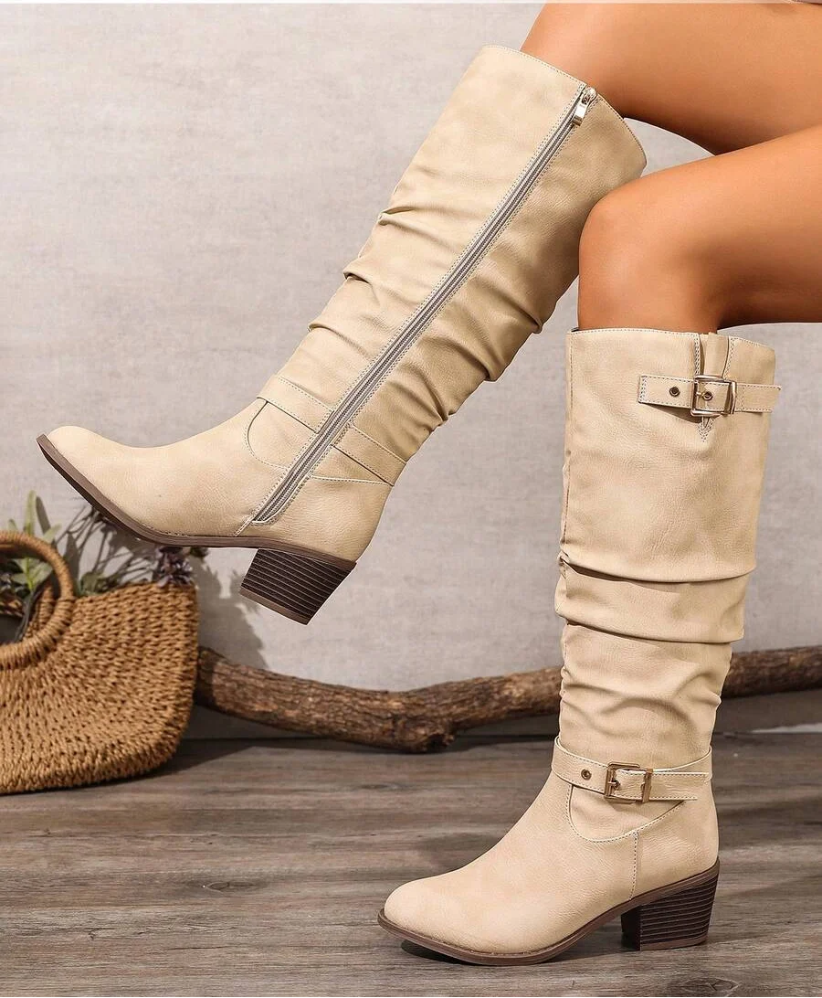 Women's Knee High Boots Double Buckle Block Heel Stylish Everyday Wear