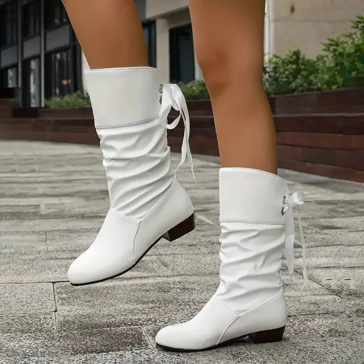 Women's Knee High Boots Ruched Shaft Bow Tie Detail Stylish Everyday Wear