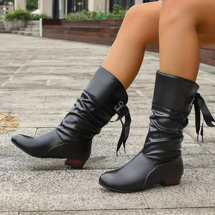 Women's Knee High Boots Ruched Shaft Bow Tie Detail Stylish Everyday Wear
