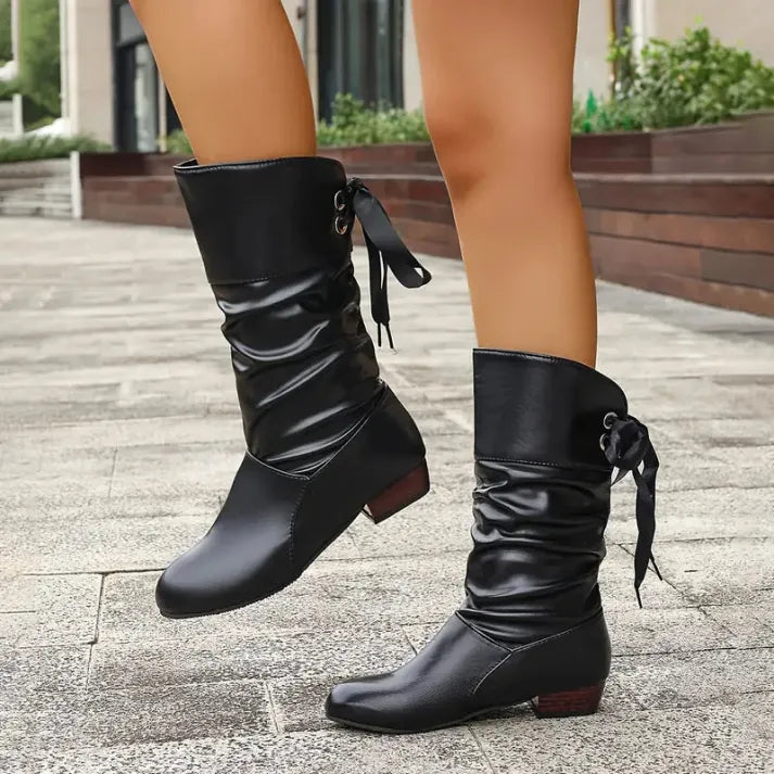 Women's Knee High Boots Ruched Shaft Bow Tie Detail Stylish Everyday Wear