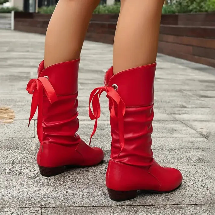 Women's Knee High Boots Ruched Shaft Bow Tie Detail Stylish Everyday Wear