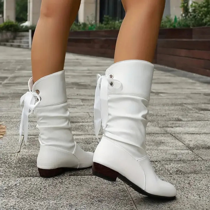 Women's Knee High Boots Ruched Shaft Bow Tie Detail Stylish Everyday Wear