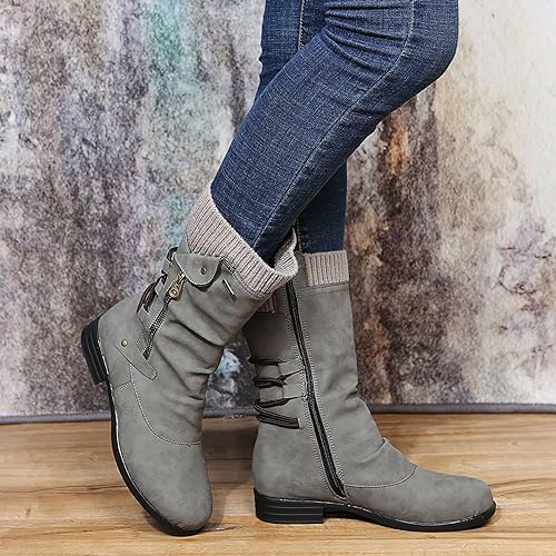 Women's Mid Calf Boots Lace-Up Zip Closure Stylish Everyday Footwear