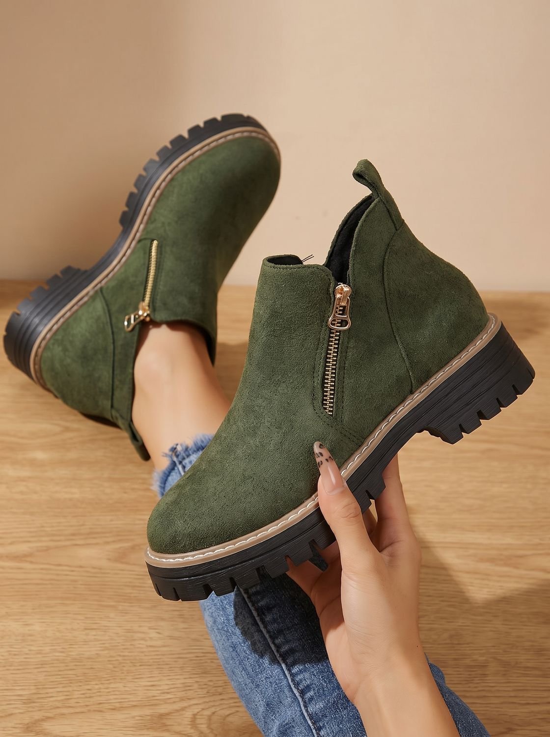 Women's Ankle Boots Chunky Sole Side Zip Trendy Casual Footwear