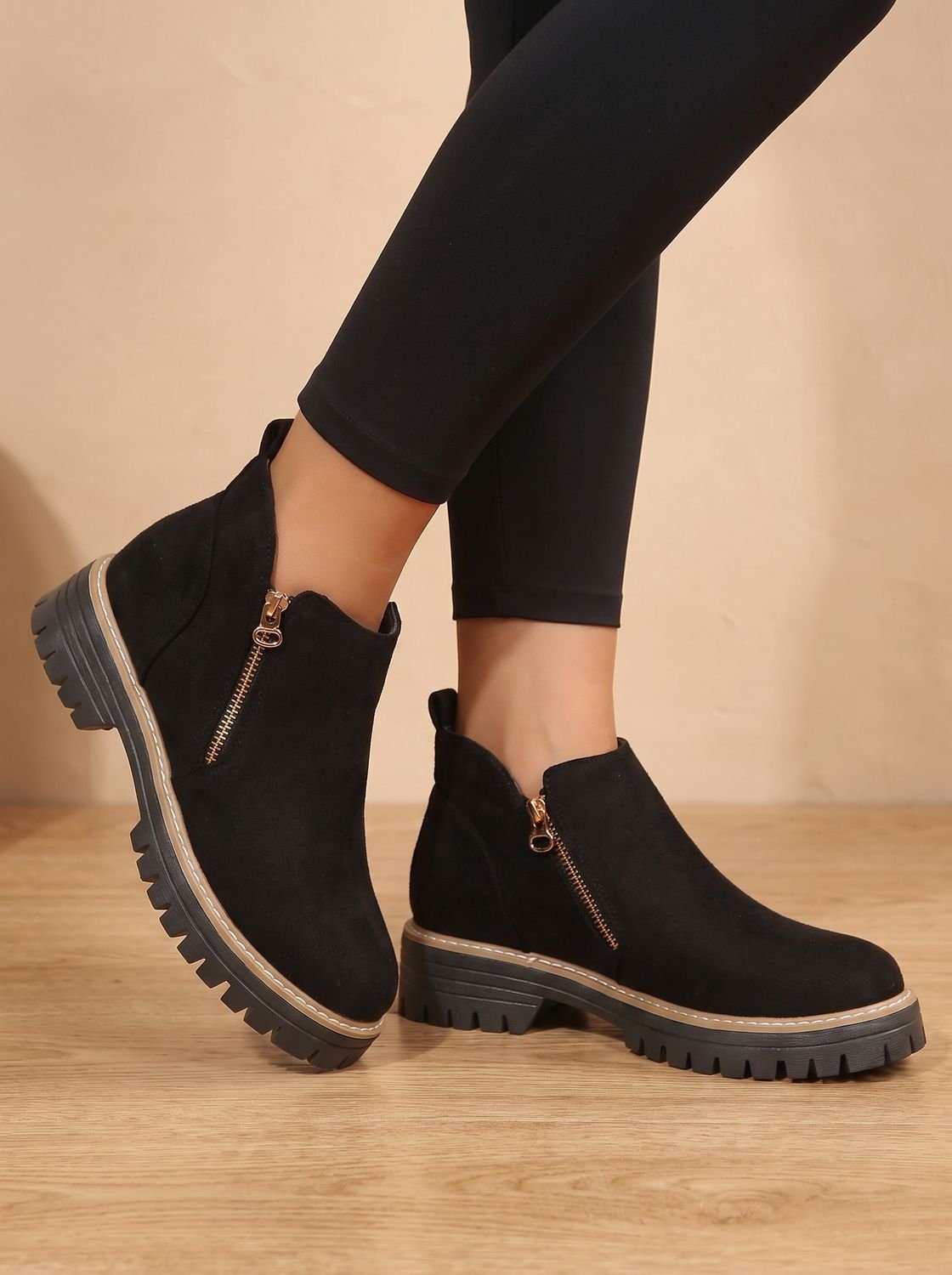 Women's Ankle Boots Chunky Sole Side Zip Trendy Casual Footwear