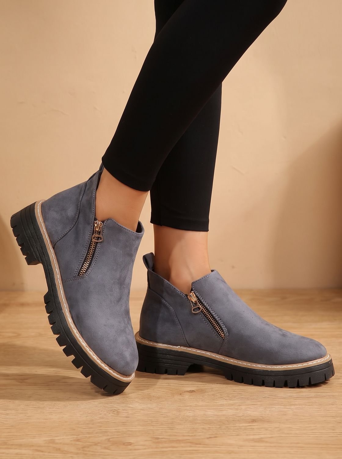 Women's Ankle Boots Chunky Sole Side Zip Trendy Casual Footwear