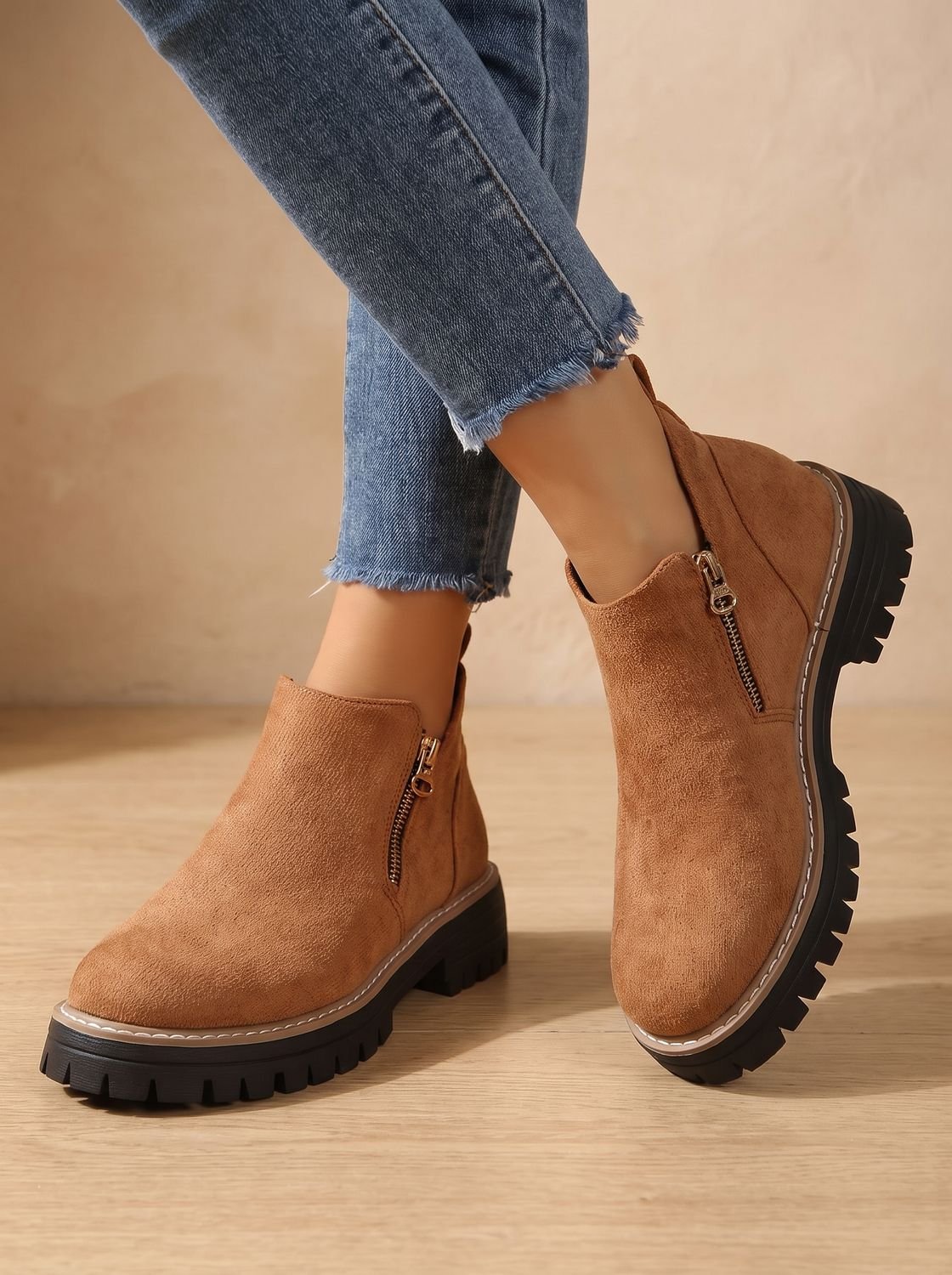Women's Ankle Boots Chunky Sole Side Zip Trendy Casual Footwear