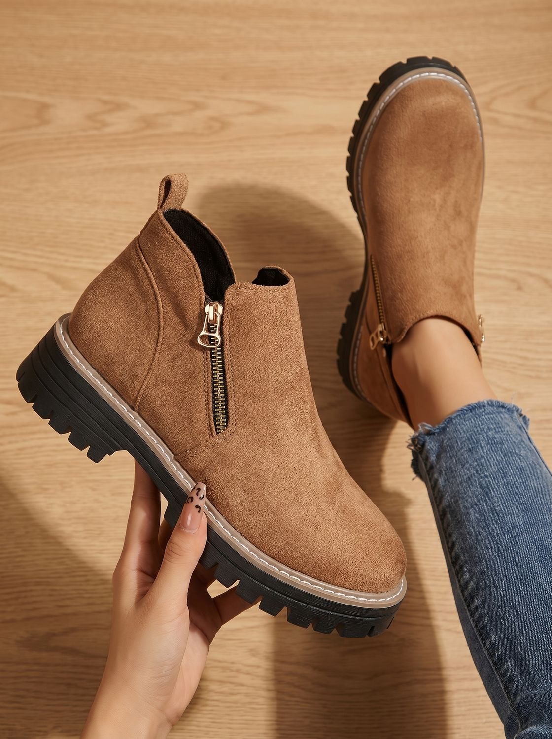 Women's Ankle Boots Chunky Sole Side Zip Trendy Casual Footwear