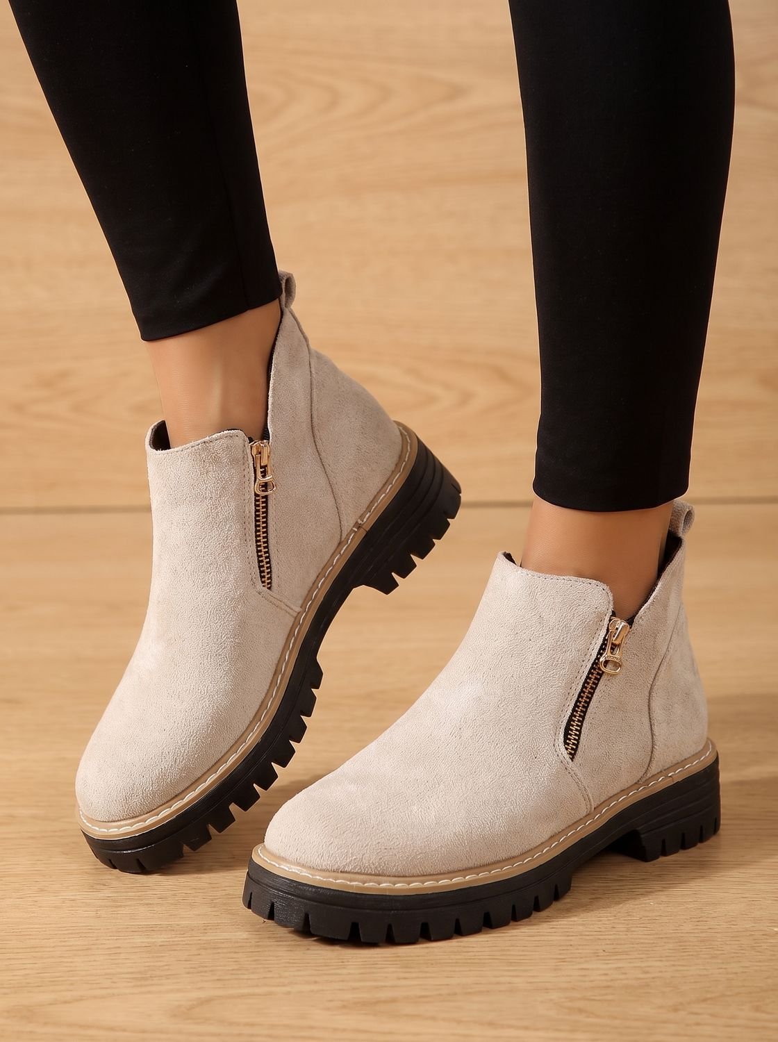 Women's Ankle Boots Chunky Sole Side Zip Trendy Casual Footwear
