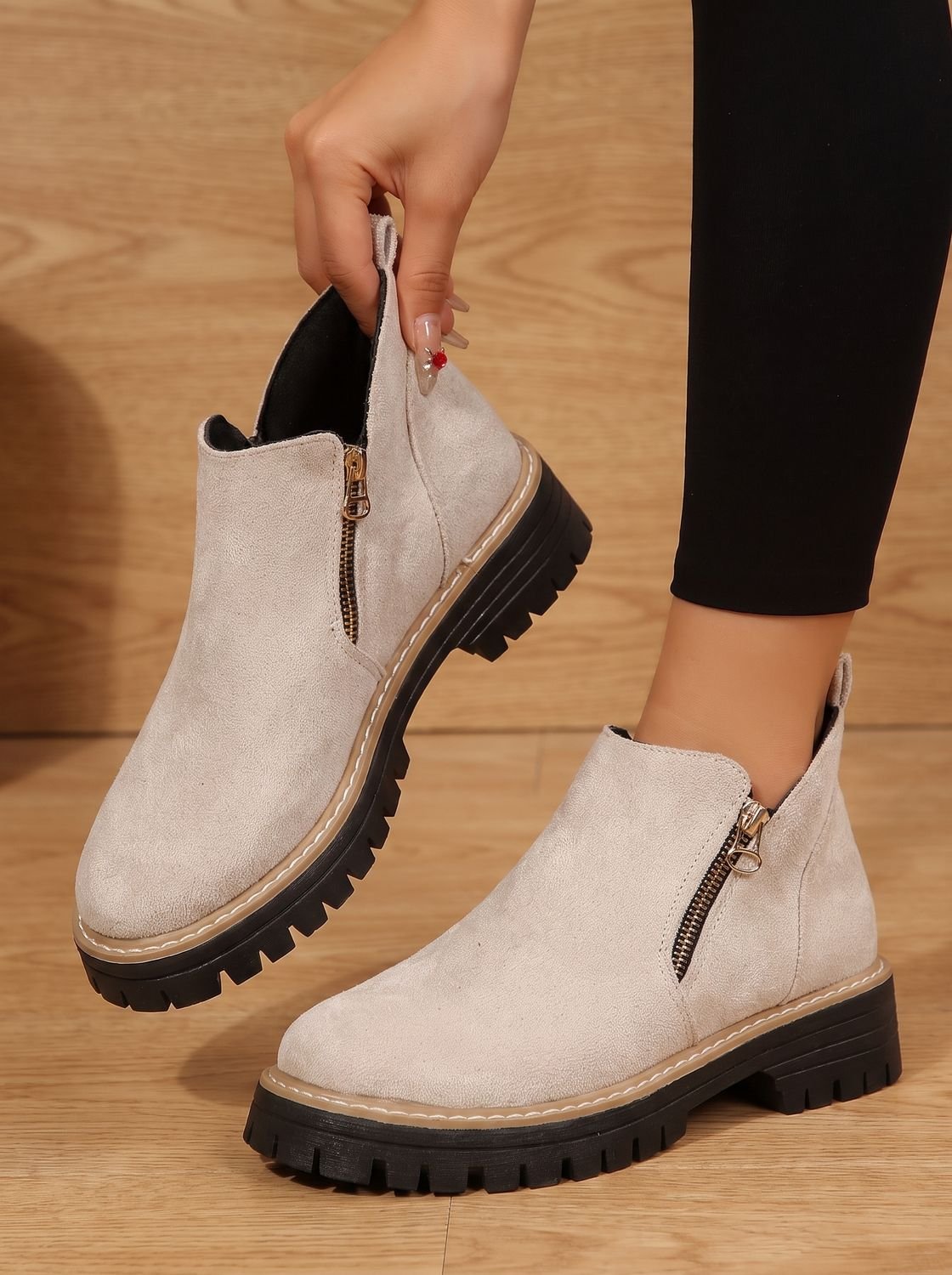 Women's Ankle Boots Chunky Sole Side Zip Trendy Casual Footwear
