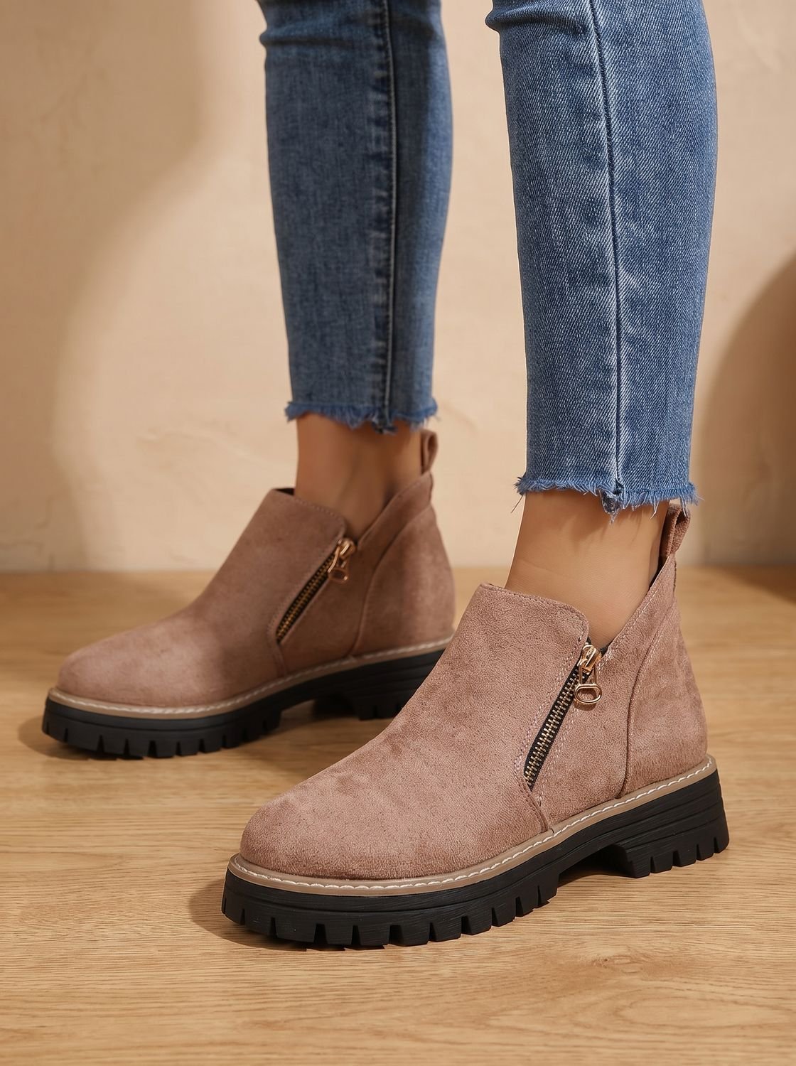 Women's Ankle Boots Chunky Sole Side Zip Trendy Casual Footwear