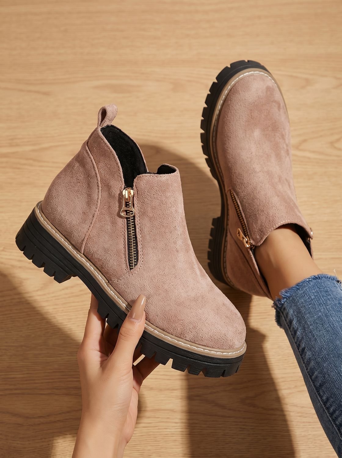 Women's Ankle Boots Chunky Sole Side Zip Trendy Casual Footwear