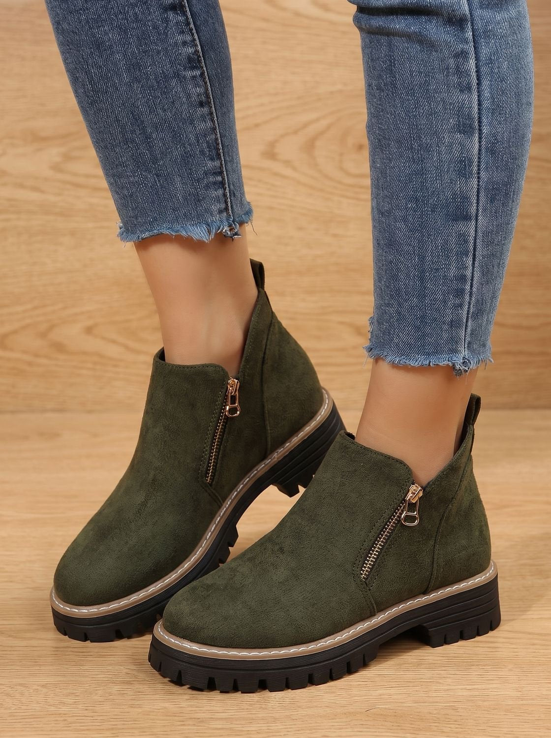 Women's Ankle Boots Chunky Sole Side Zip Trendy Casual Footwear