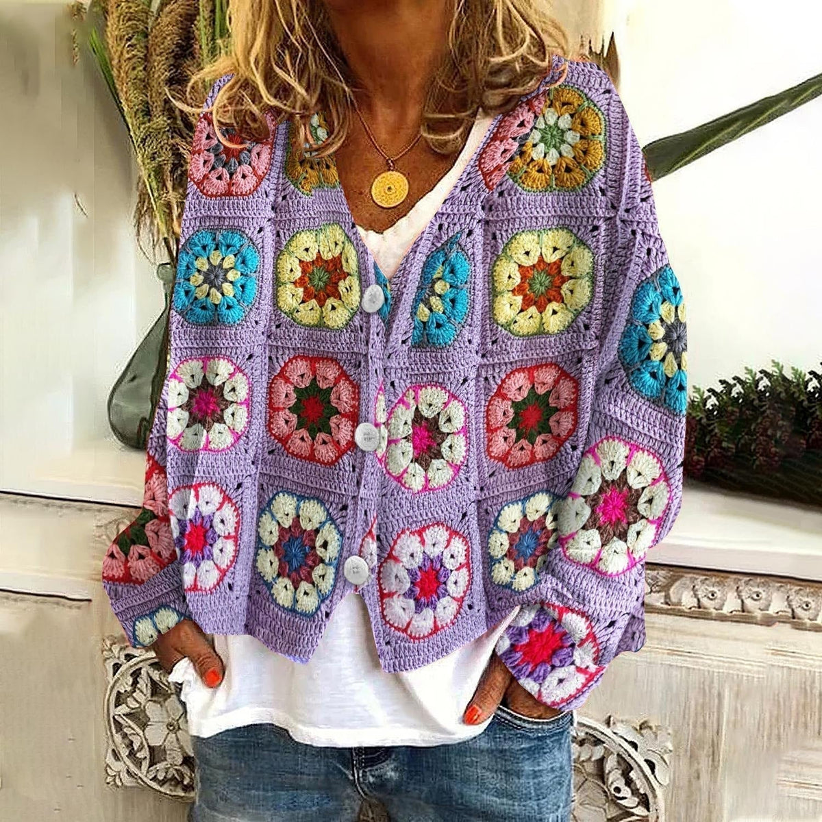 Women's Oversized Floral Print Cardigan Sweater V-Neck Long Sleeve Button Front Casual Knit