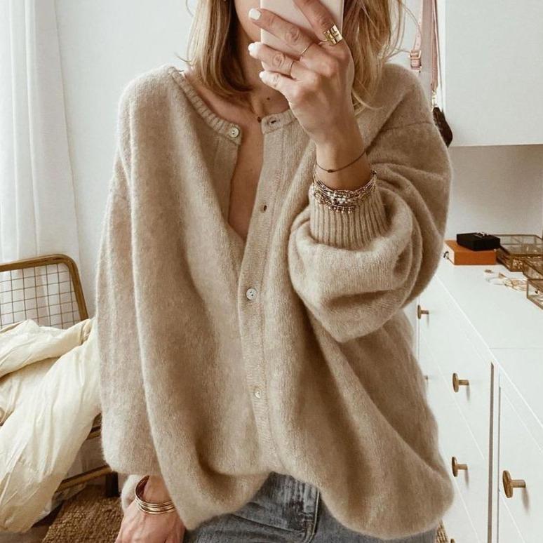 Women's Oversized Knit Cardigan Long Sleeve Round Neck Button Front Relaxed Style
