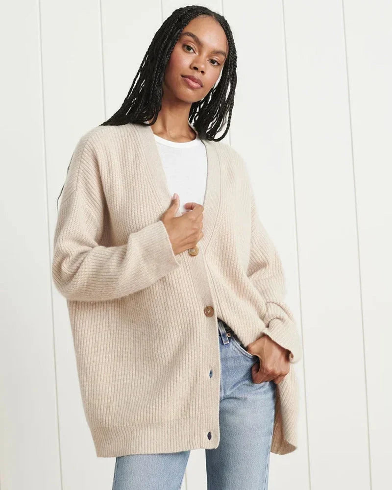 Women's Oversized Ribbed Cardigan V-Neck Long Sleeve Button Front Knit Casual