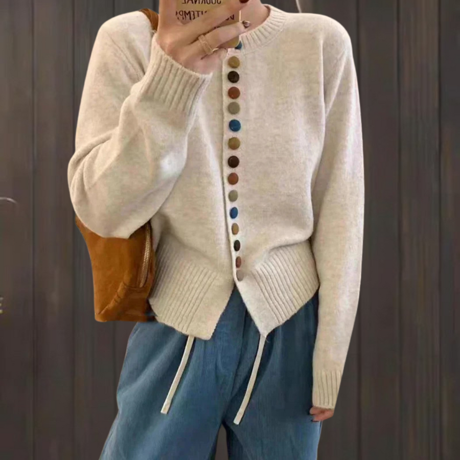 Women's Button Front Cardigan Long Sleeve Crew Neck Curved Hem Casual
