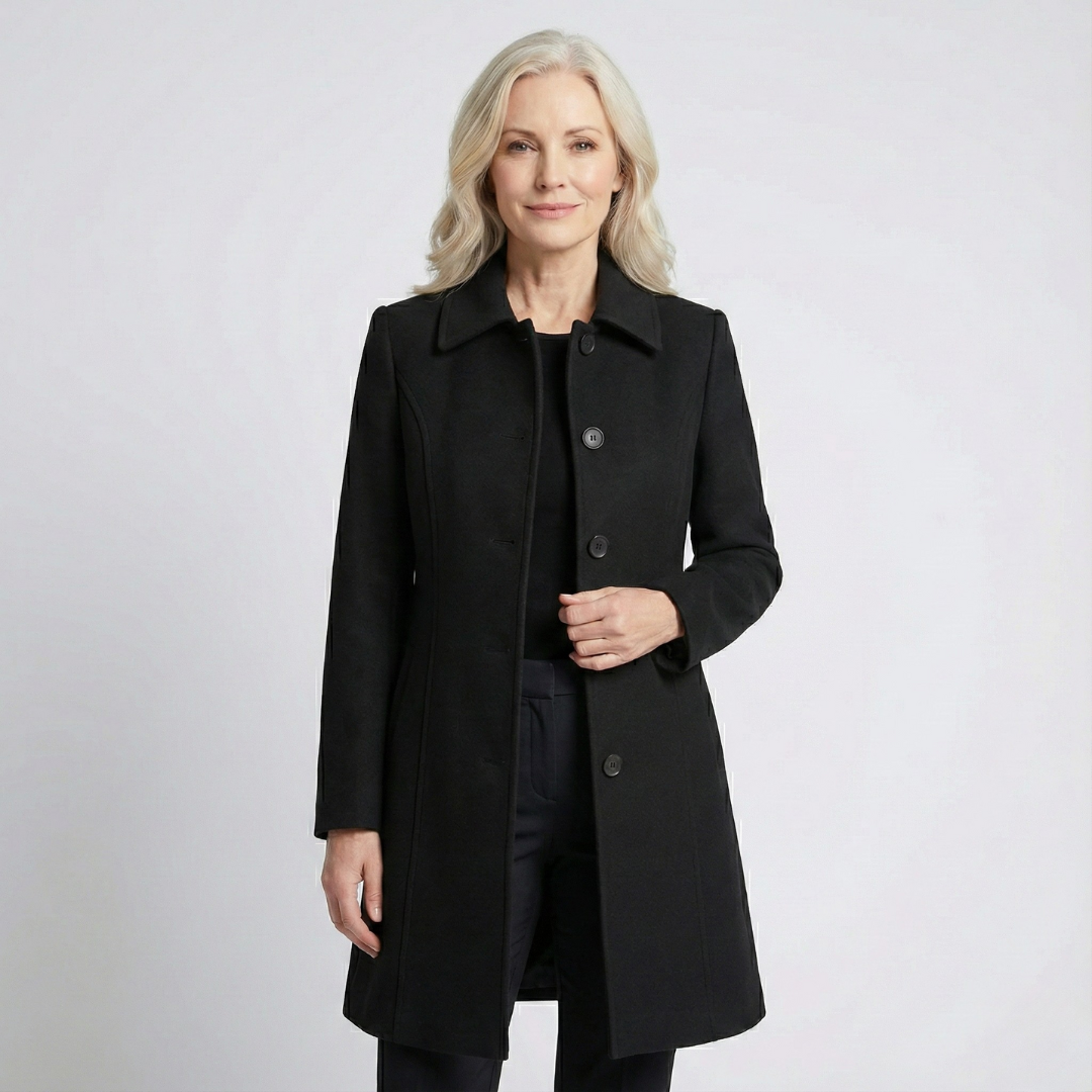 Women's Fit and Flare Coat Button-Front Classic Style Layered Chic