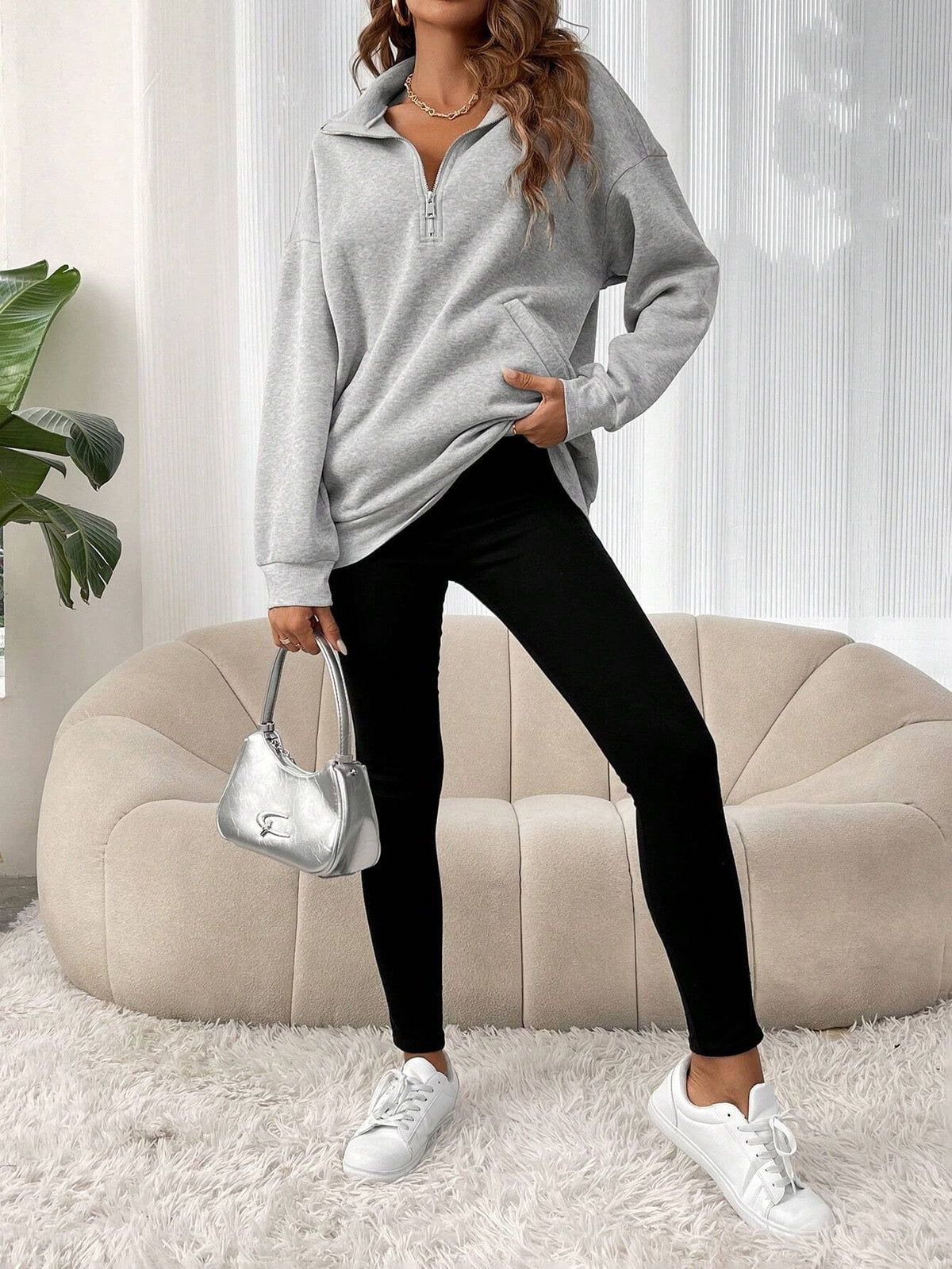 Women's Oversized Half Zip Sweatshirt Collared Design Kangaroo Pocket Casual