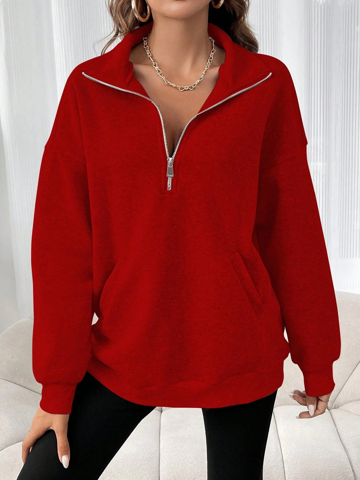Women's Oversized Half Zip Sweatshirt Collared Design Kangaroo Pocket Casual