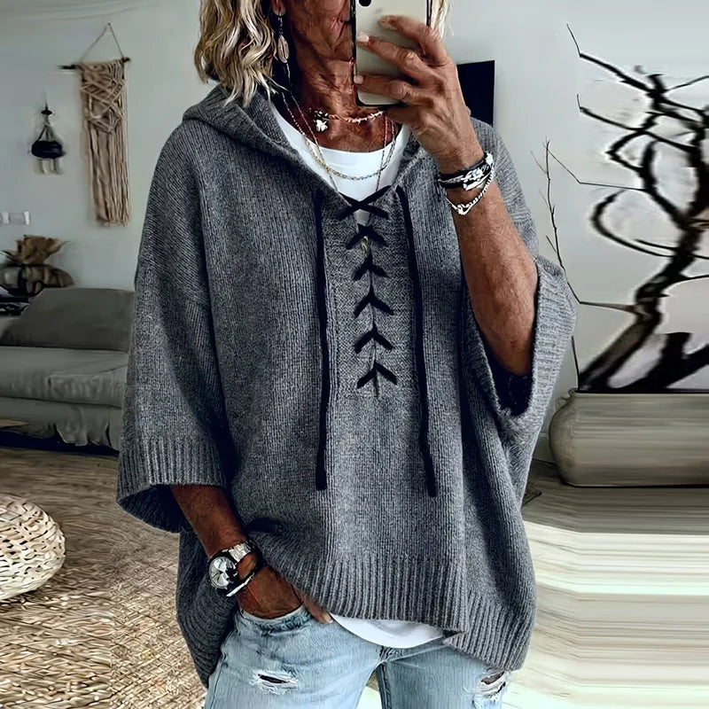 Women's Oversized Knit Sweater Hooded Lace-Up Front Casual Layering