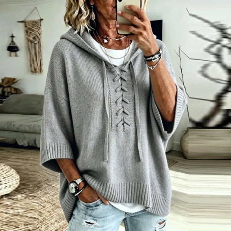 Women's Oversized Knit Sweater Hooded Lace-Up Front Casual Layering