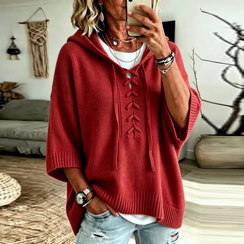 Women's Oversized Knit Sweater Hooded Lace-Up Front Casual Layering