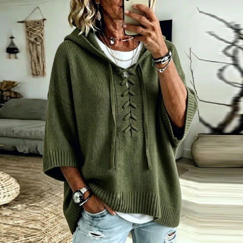 Women's Oversized Knit Sweater Hooded Lace-Up Front Casual Layering