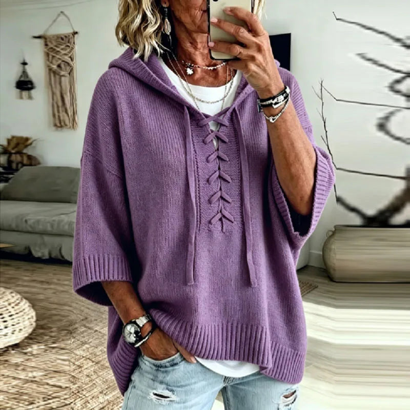 Women's Oversized Knit Sweater Hooded Lace-Up Front Casual Layering