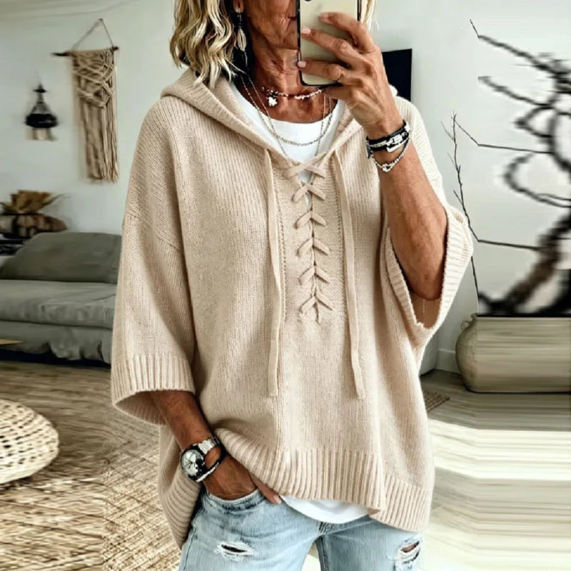 Women's Oversized Knit Sweater Hooded Lace-Up Front Casual Layering