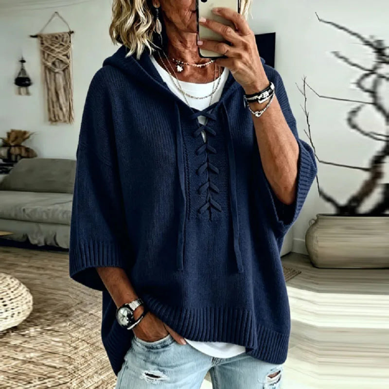 Women's Oversized Knit Sweater Hooded Lace-Up Front Casual Layering