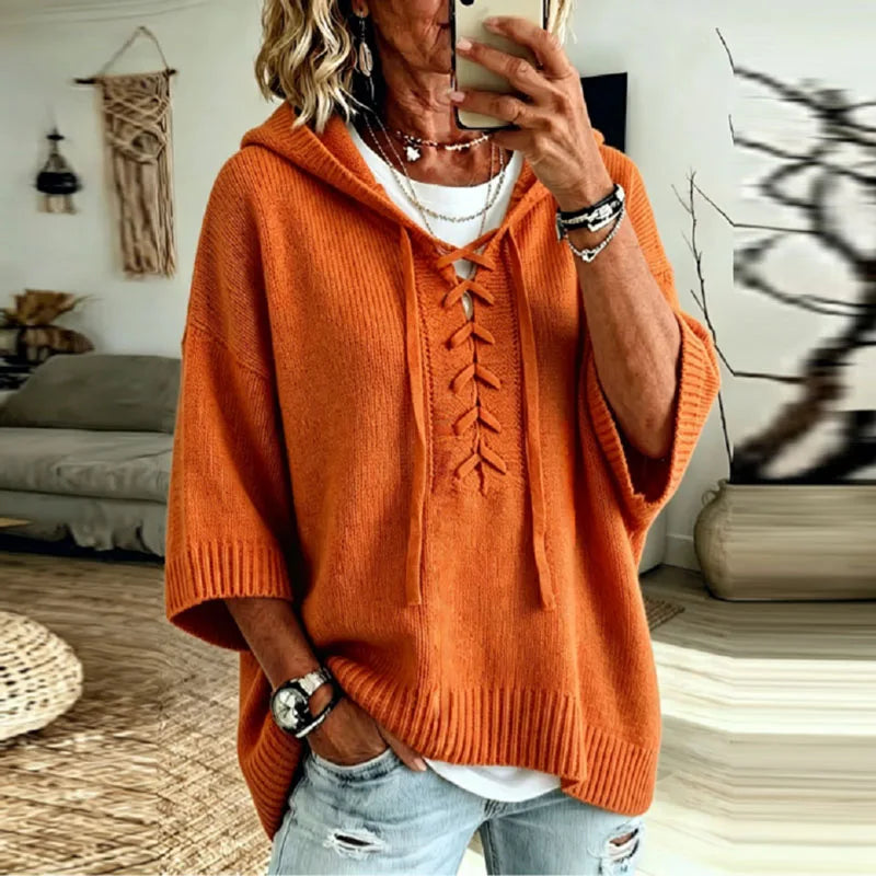 Women's Oversized Knit Sweater Hooded Lace-Up Front Casual Layering